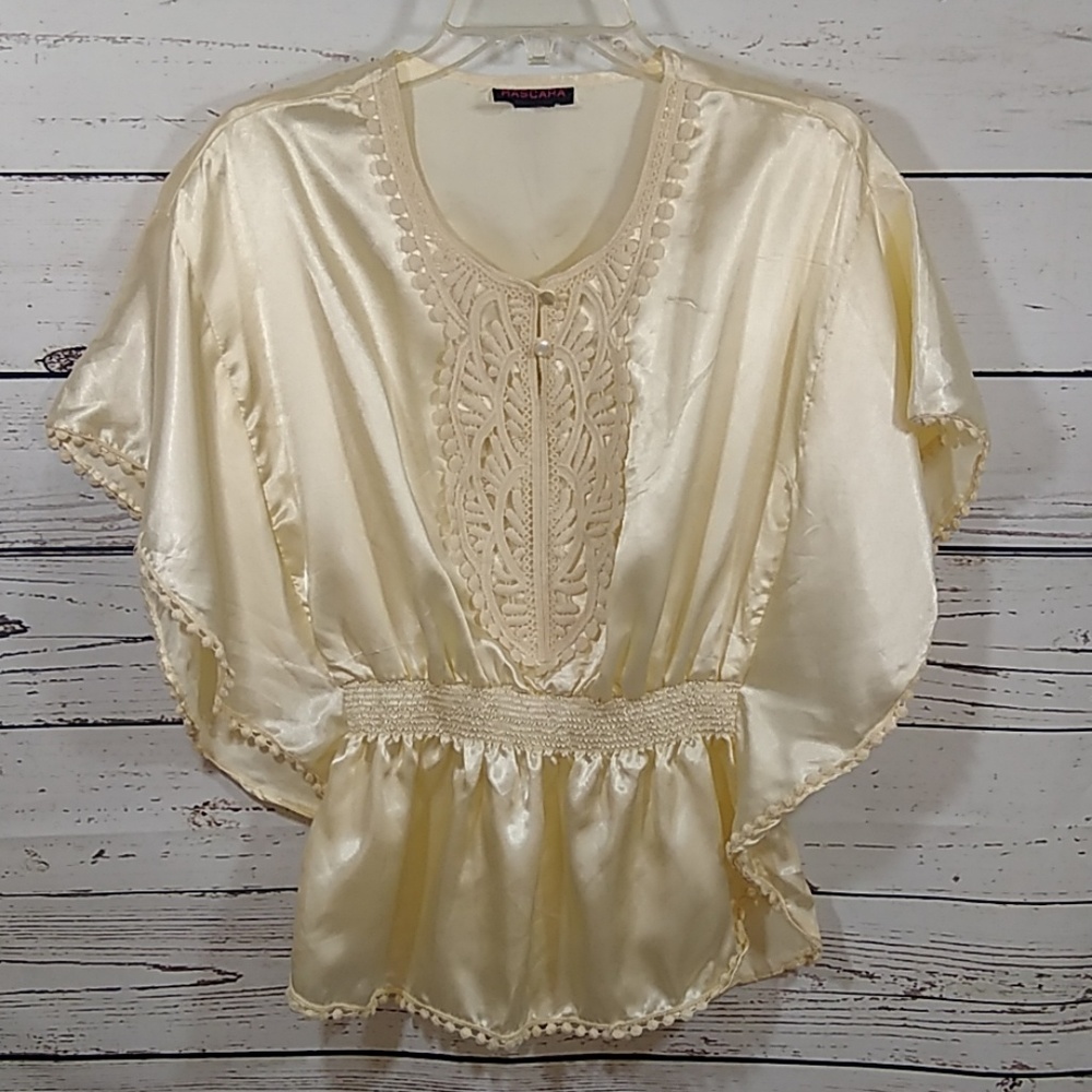 Y2K Cream Satin Lace Appliqué Peasant Blouse Boho Vintage Pom Pom Detail